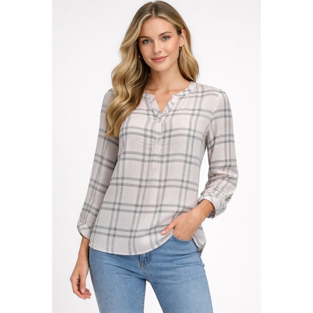 Talbots LP L PETITE lightweight flannel pastel pink plaid popover EUC  casual
